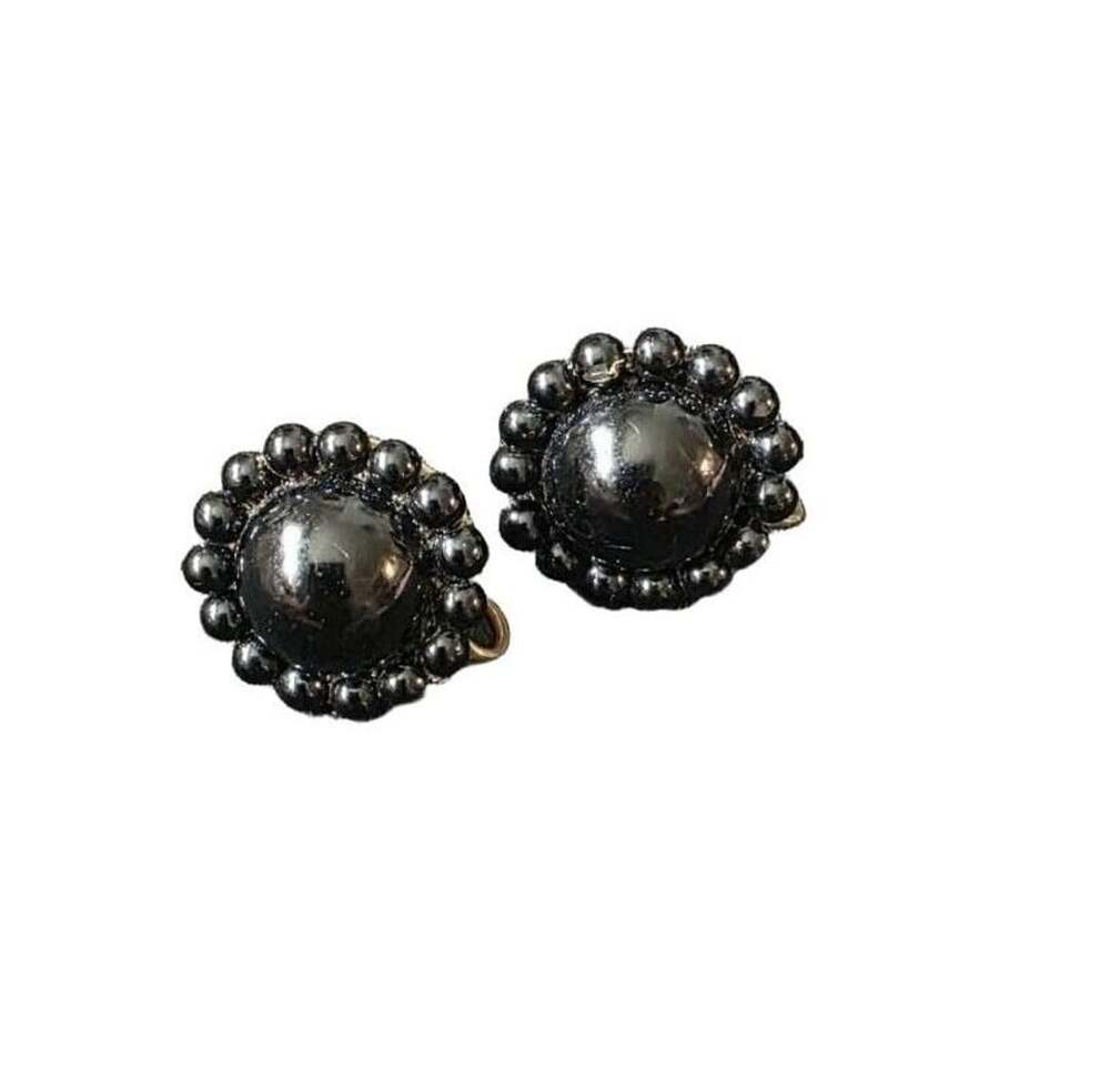 Vintage Black Beaded Dome Screw Back Earrings